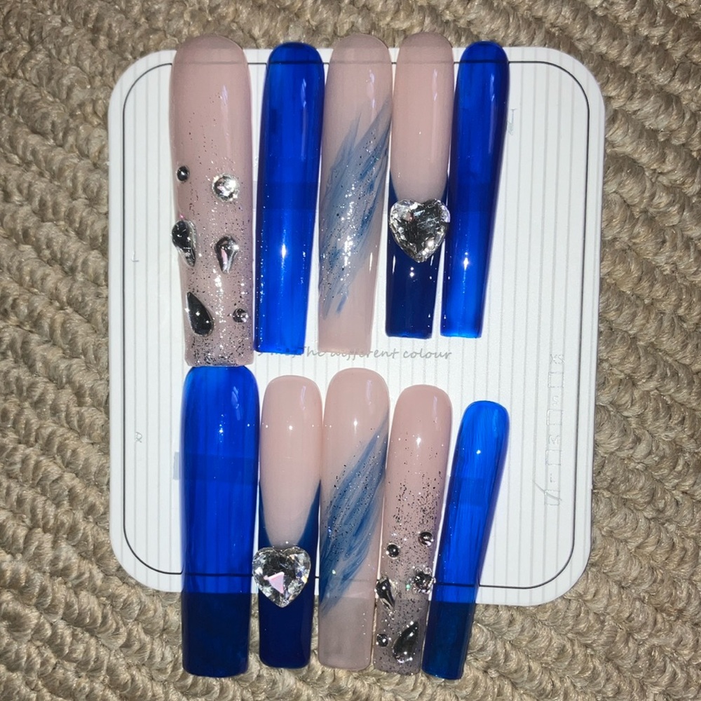 Blue and Nude Press-On Nails with Rhinestones